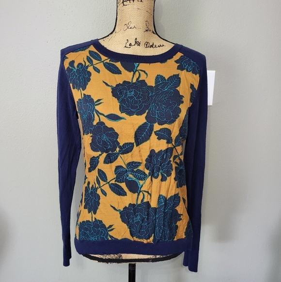 Boden Sweaters - Boden Floral Long Sleeve lightweight wool sweater- Blue and Yellow